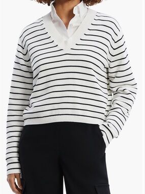 Theory Striped Waverly Stripe Cotton V-Neck Crop Sweater
